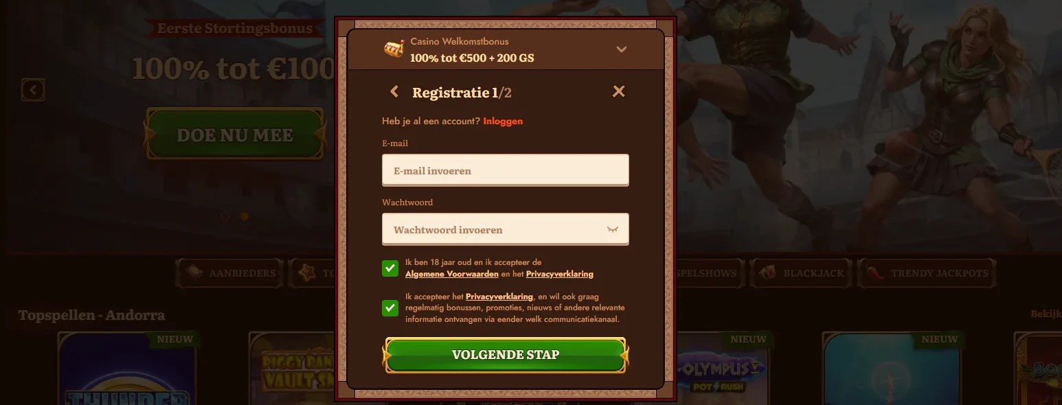 Registratieformulier van WildRobin Casino met e-mail en wachtwoord